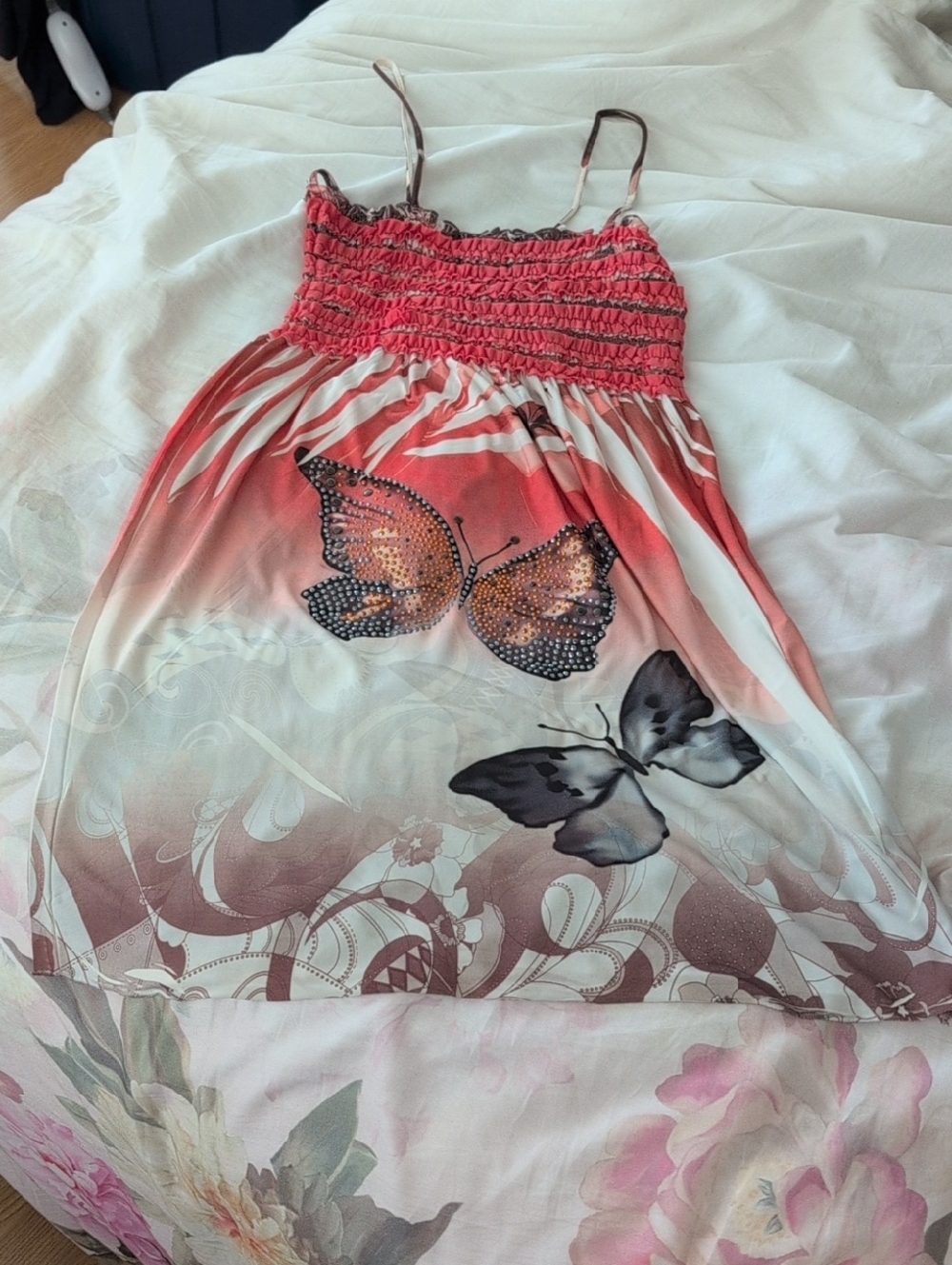 Butterfly Print Smocked Sundress in Coral and Cream